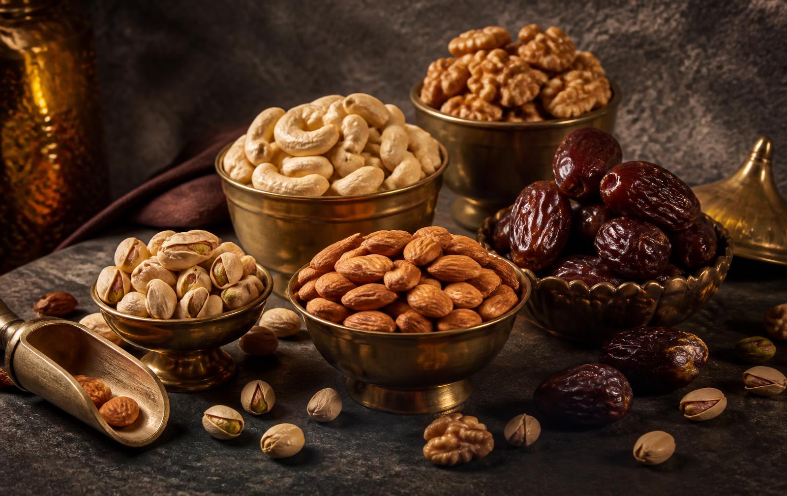 Assorted premium dry fruits arranged on a dark stone surface